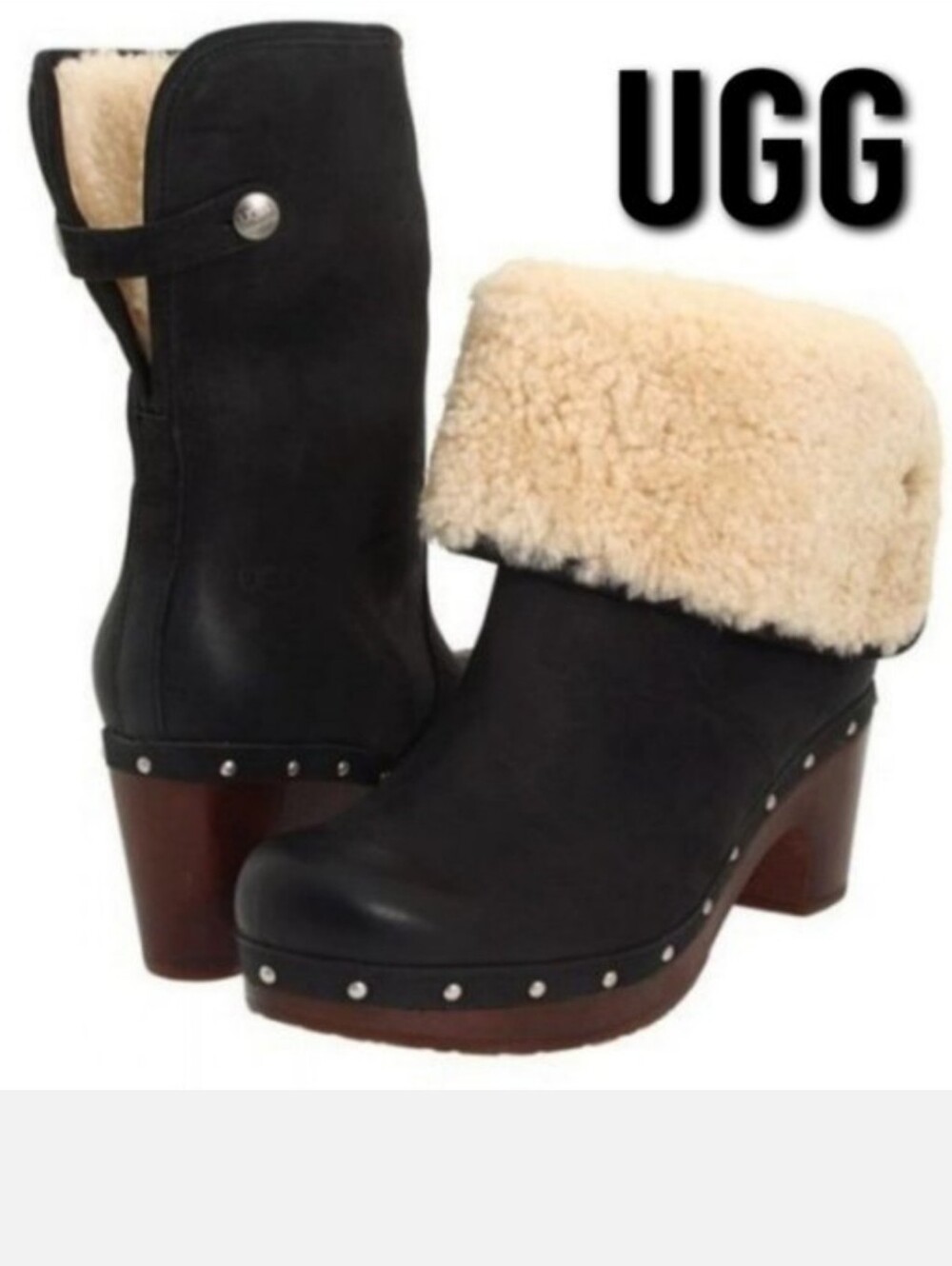 UGG 1958 Lynnea Leather Fold Down Sheepskin Boots Clog Base Style Size 8